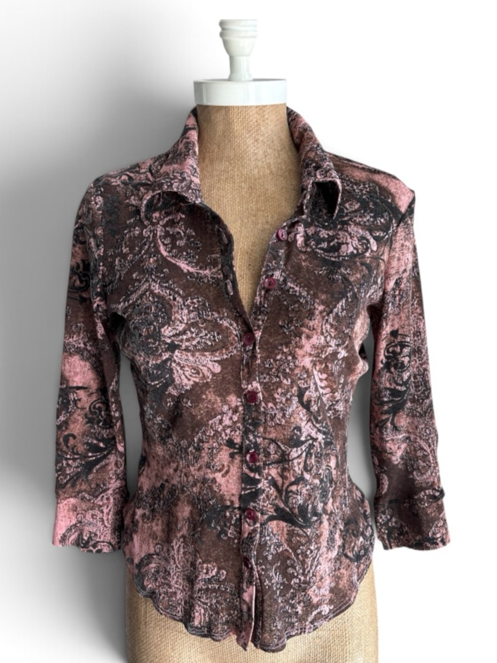 Vintage Y2K bebe Paisley Button Down Top Brown Pink Made USA M